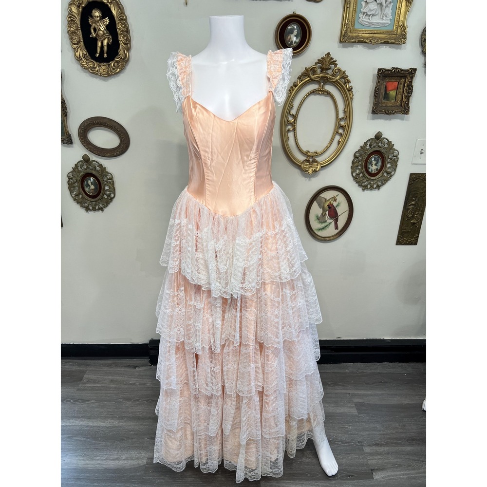 Vintage Peach Satin & Tiered Lace Costume Gown Size S-M